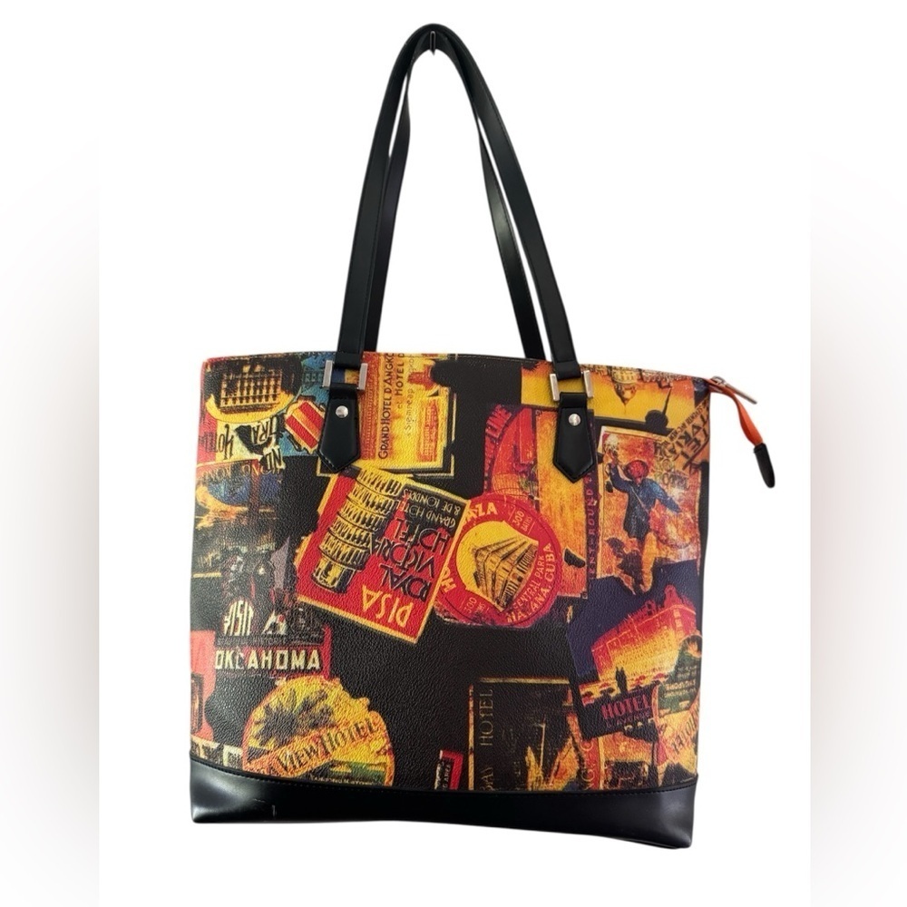 Sydney Love Faux Leather Tote – Retro Luggage Tag Print